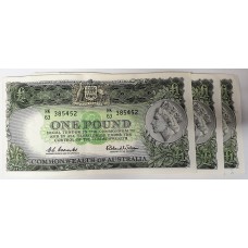 AUSTRALIA 1961 . ONE 1 POUND BANKNOTE . VERY SCARCE . CONSECUTIVE TRIO